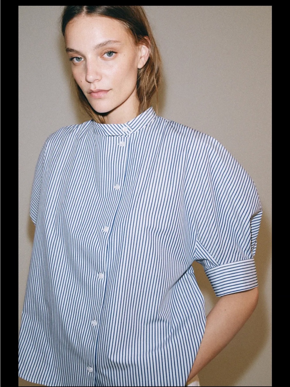 Zara White Shirt Navy Stripes, Puff Sleeves, Button-up Front Poplin M NWT